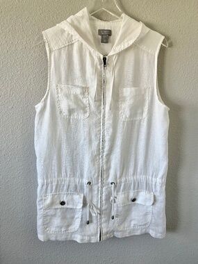 Kenar White 100% Linen Hooded Zip Drawstring Vest M Jacket Utility Cargo Pockets